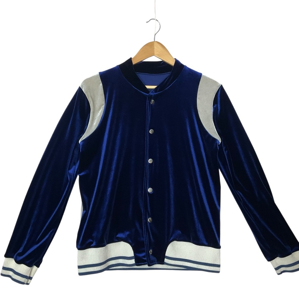 WEISSMAN sz Medium Adult Velvet Finish Bomber Style Jacket Snap Front Blue White